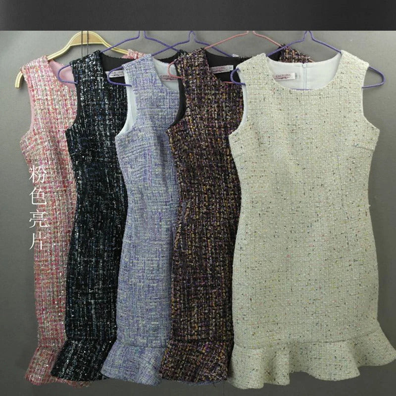 Beige sleeveless tweed dress color sequins one-piece spring / autumn women dress custom ladies bottoming fishtail dress