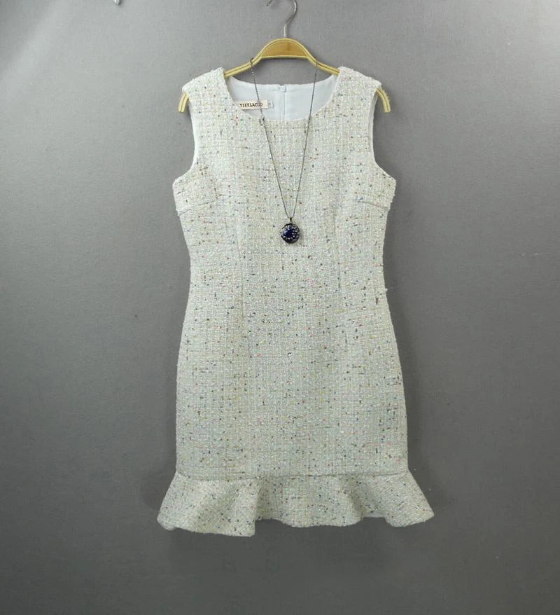 Beige sleeveless tweed dress color sequins one-piece spring / autumn women dress custom ladies bottoming fishtail dress