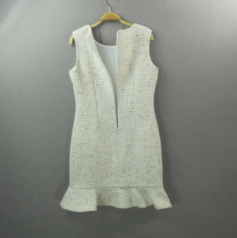 Beige sleeveless tweed dress color sequins one-piece spring / autumn women dress custom ladies bottoming fishtail dress